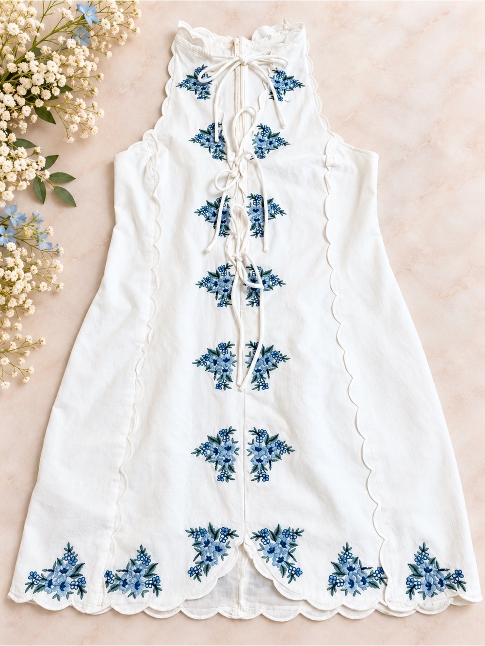 MNG Mango Bow Embroidered Halter Mini Dress White Blue Floral Scalloped Wmns 6